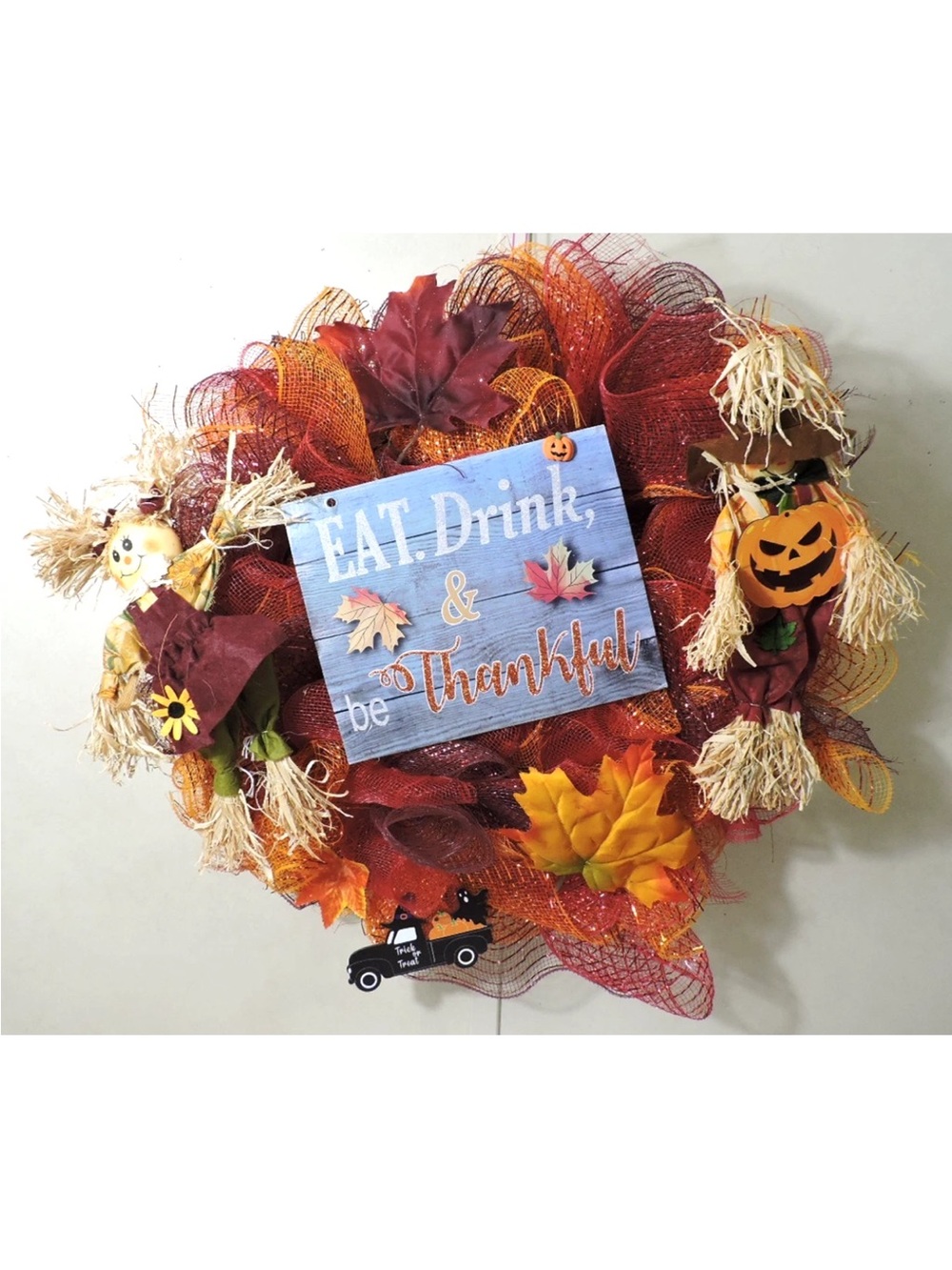 Autumn 'Eat, Drink & Be Thankful' Fall Wreath - Orange & Burgundy